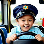 A child happily wearing a bus driver hat, pretending to drive a bus made of chairs, with toy traffic signs around, inspired by Tayo the Little Bus.