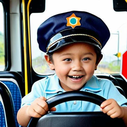Home 11 A child happily wearing a bus driver hat, pretending to drive a bus made of chairs, with toy traffic signs around, inspired by Tayo the Little Bus.