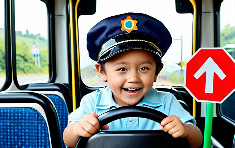 A child happily wearing a bus driver hat, pretending to drive a bus made of chairs, with toy traffic signs around, inspired by Tayo the Little Bus.