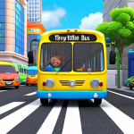 **Prompt:** Tayo the Little Bus and friends singing a cheerful song about traffic safety with 3D animation, bright colors, and educational elements for children.