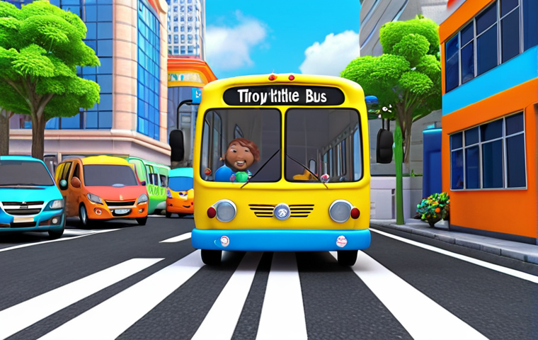 **Prompt:** Tayo the Little Bus and friends singing a cheerful song about traffic safety with 3D animation, bright colors, and educational elements for children.